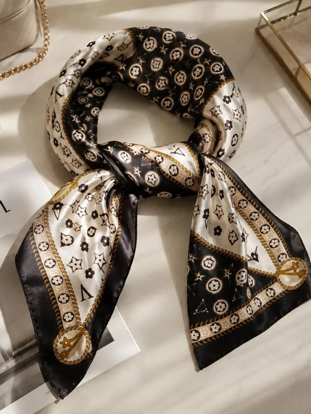 Black Ivory Gold Monogram Print Square Scarf Silky Satin Hair Neck Wrap